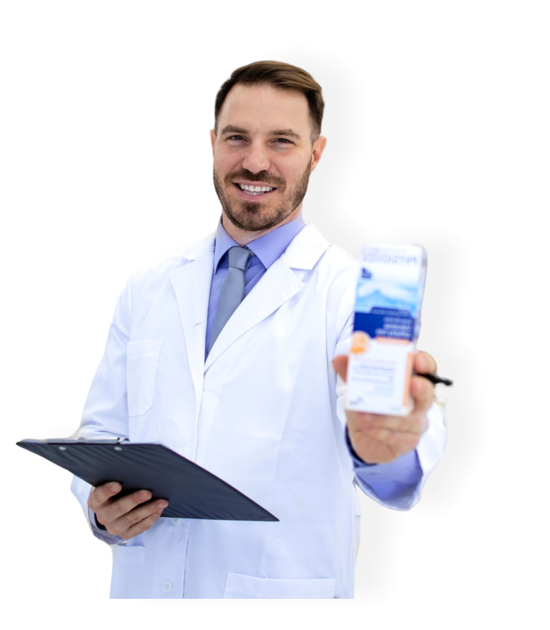 Pharmacist holding a clipboard and a product